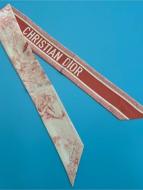 Christian Dior Toile De Jouy Mitzah Silk Twilly Scarf Pink Ivory Logo